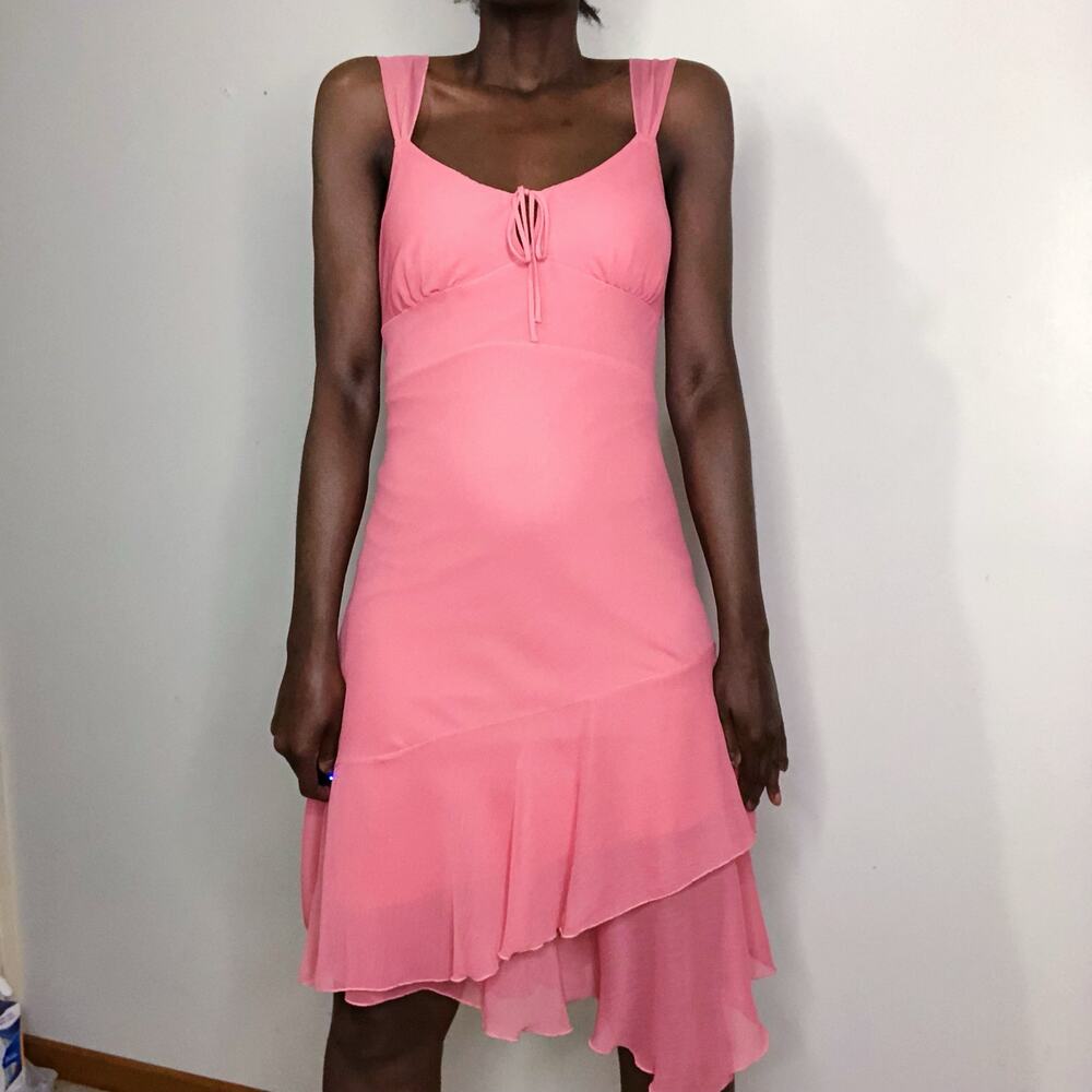 VINTAGE |  Y2K Milkmaid Chiffon Asymmetric Coquette Fairy Pink Dress Size Large